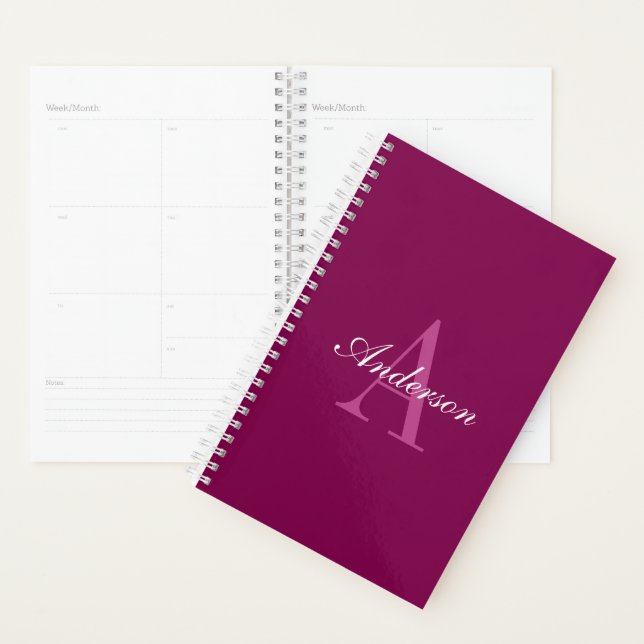 Elegant Magenta Red, Pink & White Name & Monogram Planner (Display)