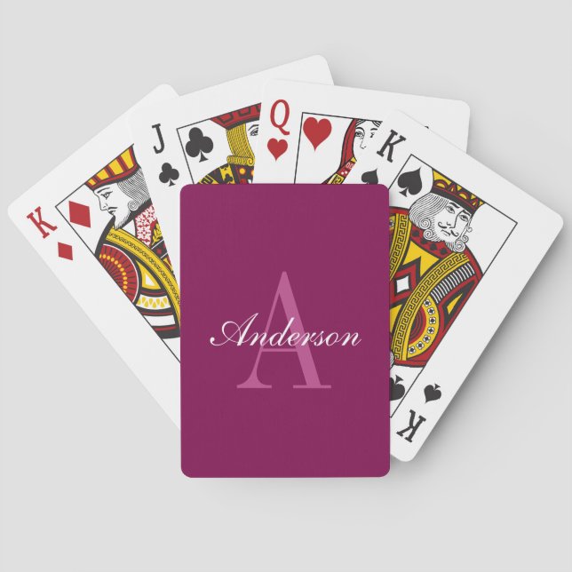 Elegant Magenta Red, Pink & White Name & Monogram Poker Cards (Back)