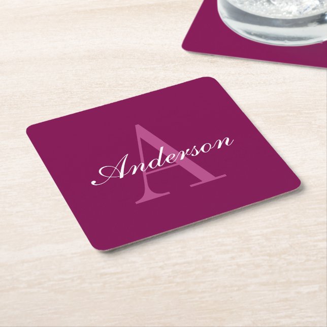 Elegant Magenta Red, Pink & White Name & Monogram Square Paper Coaster (Angled)