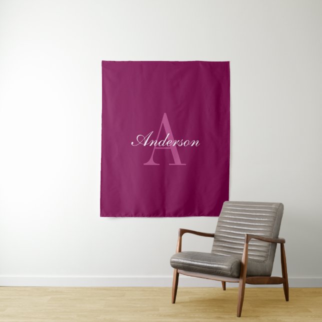 Elegant Magenta Red, Pink & White Name & Monogram Tapestry (In Situ)