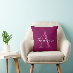 Elegant Magenta Red, Pink & White Name & Monogram Throw Pillow