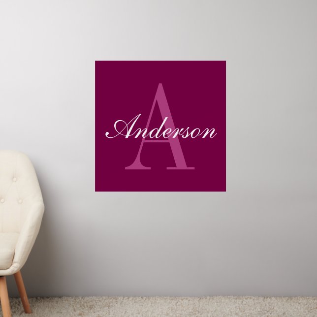 Elegant Magenta Red, Pink & White Name & Monogram Wall Decal (Living Room 2)