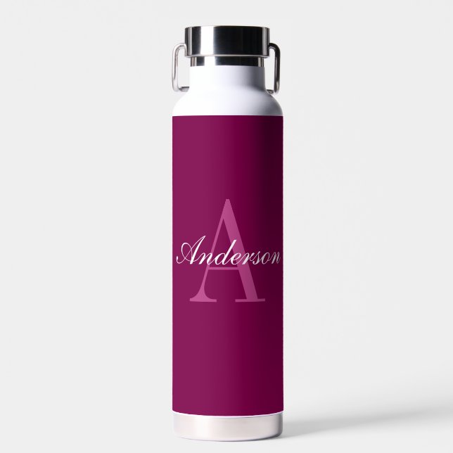 Elegant Magenta Red, Pink & White Name & Monogram Water Bottle (Front)