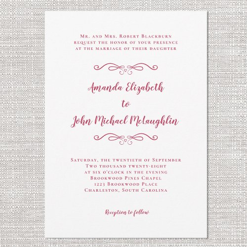 Elegant Magenta Red Script Classic Formal Wedding Invitation
