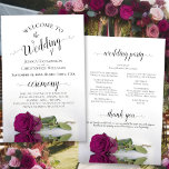 Elegant Magenta Rose Budget Wedding Program<br><div class="desc">These wedding programs are elegant and tasteful, while still being budget friendly. The design features a single long-stemmed cassis purple, magenta, or berry colored rose lying on its side, reflecting in a pool of water with waves and ripples. The typography features lacy black script calligraphy, and there is room for...</div>