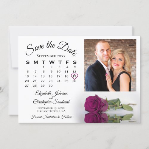 Elegant Magenta Rose Calendar  Photo Wedding Save The Date