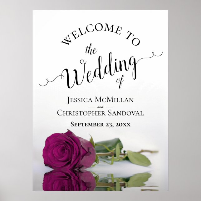 Elegant Magenta Rose Calligraphy Wedding Welcome Poster (Front)