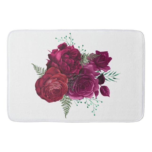 Elegant Magenta Rose Floral Bouquet Bath Mat (Front)