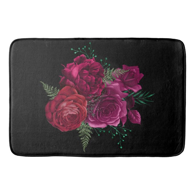 Elegant Magenta Rose Floral Bouquet Bath Mat (Front)