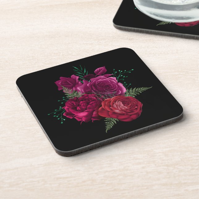 Elegant Magenta Rose Floral Bouquet Beverage Coaster (Left Side)