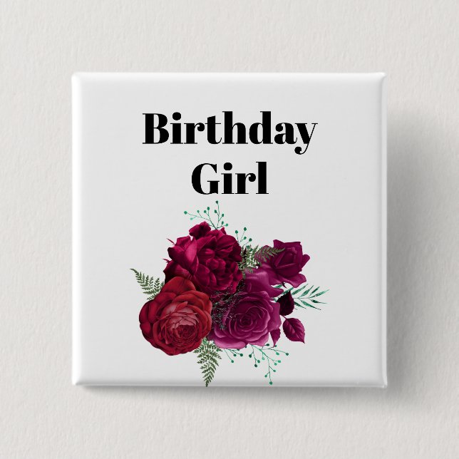 Elegant Magenta Rose Floral Bouquet Birthday Girl Button (Front)