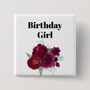 Elegant Magenta Rose Floral Bouquet Birthday Girl Button