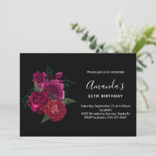  Elegant Magenta Rose Floral Bouquet Birthday Invitation