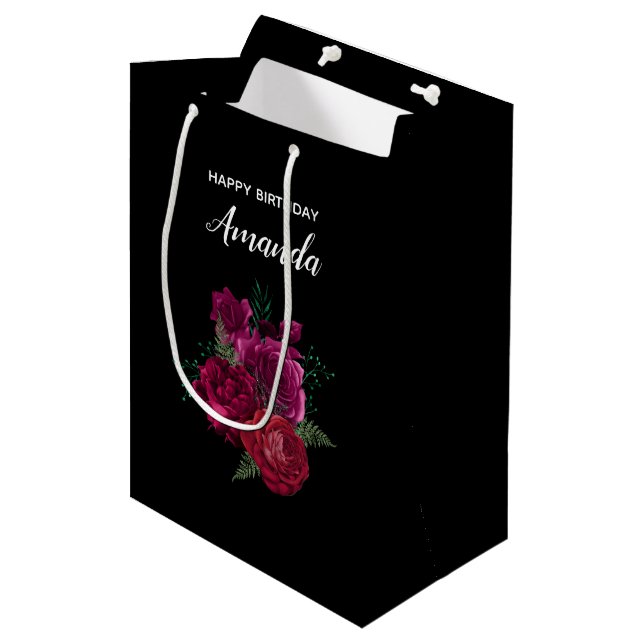 Elegant Magenta Rose Floral Bouquet Birthday Medium Gift Bag (Front Angled)