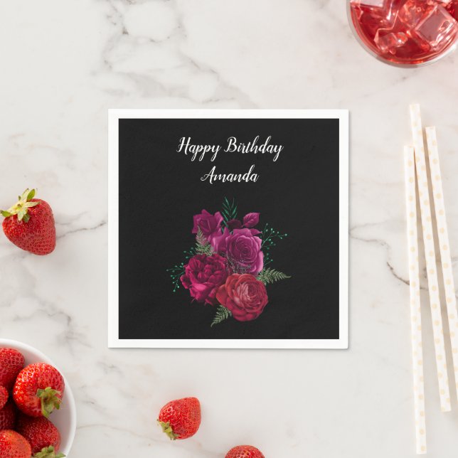 Elegant Magenta Rose Floral Bouquet Birthday Napkins (Insitu)