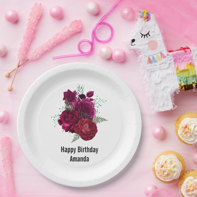 Elegant Magenta Rose Floral Bouquet Birthday Paper Plates (Party)