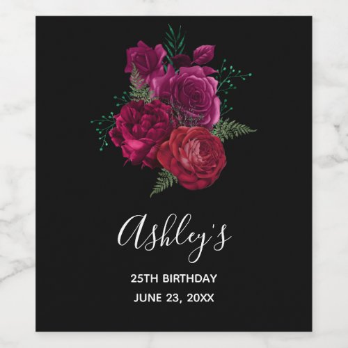 Elegant Magenta Rose Floral Bouquet Birthday Wine Label