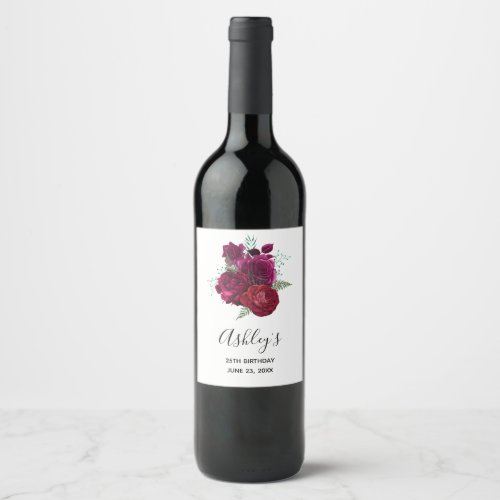 Elegant Magenta Rose Floral Bouquet Birthday Wine Label