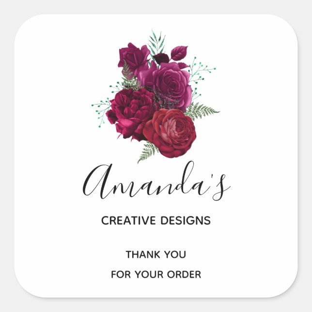 Elegant Magenta Rose Floral Bouquet Business Square Sticker (Front)
