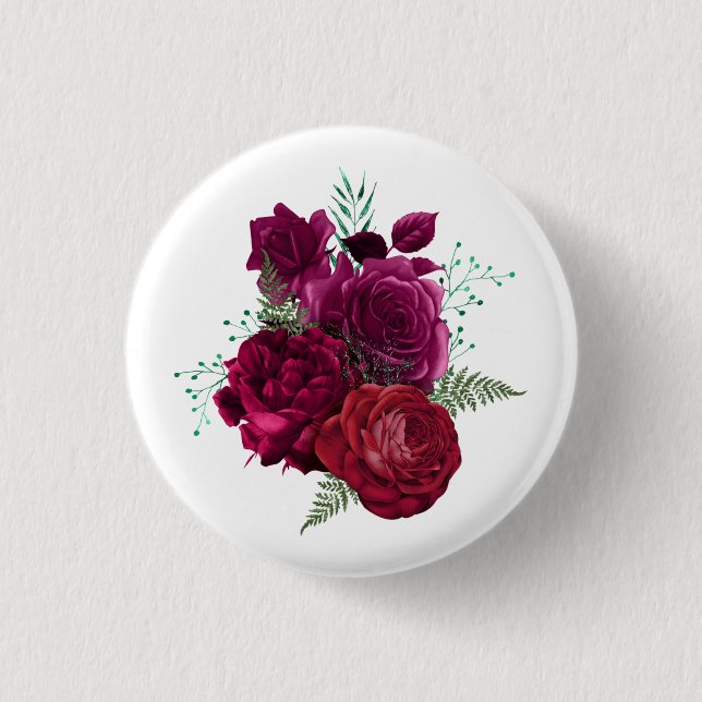 Elegant Magenta Rose Floral Bouquet Button (Front)