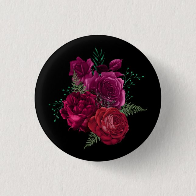 Elegant Magenta Rose Floral Bouquet Button (Front)