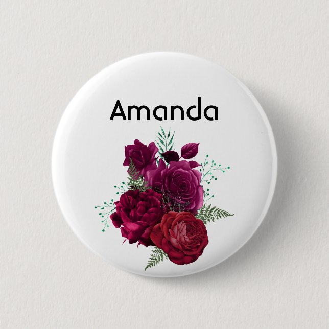 Elegant Magenta Rose Floral Bouquet Button (Front)