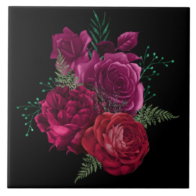 Elegant Magenta Rose Floral Bouquet  Ceramic Tile (Front)