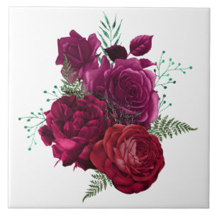 Elegant Magenta Rose Floral Bouquet Ceramic Tile