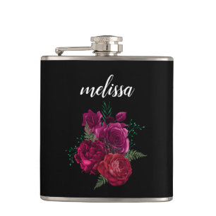 Elegant Magenta Rose Floral Bouquet Flask