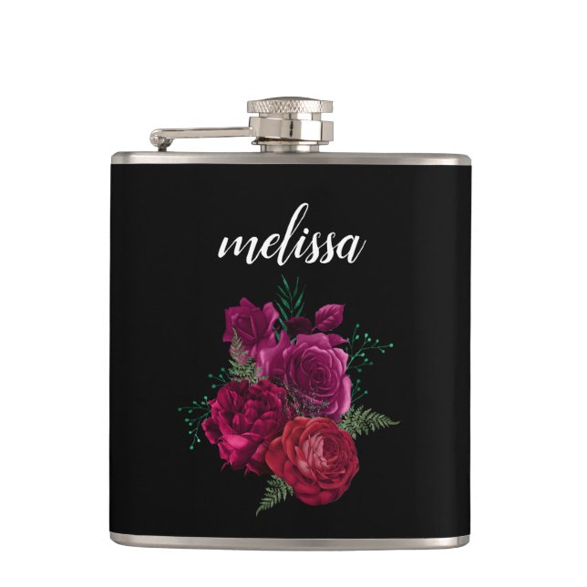Elegant Magenta Rose Floral Bouquet Flask (Front)
