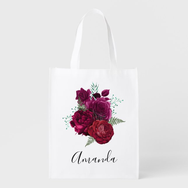 Elegant Magenta Rose Floral Bouquet Grocery Bag (Front)