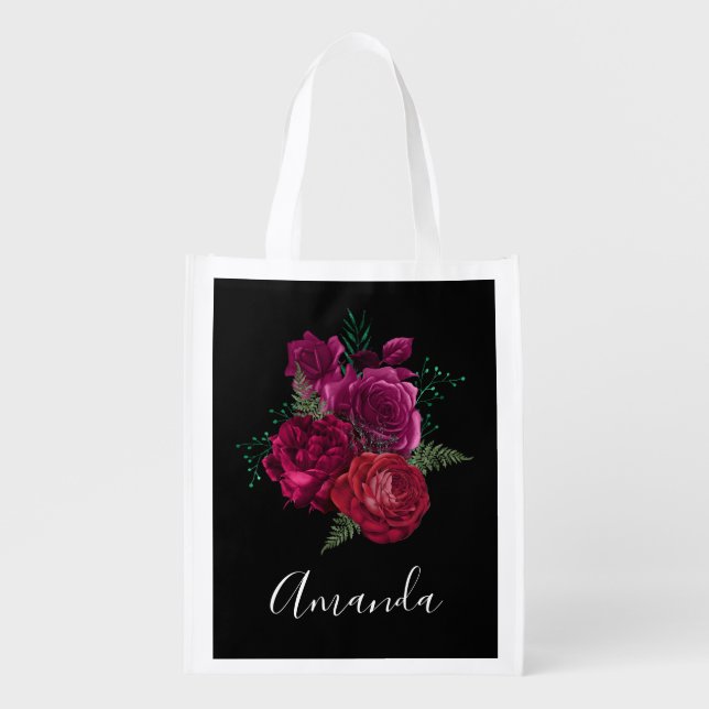 Elegant Magenta Rose Floral Bouquet Grocery Bag (Front)