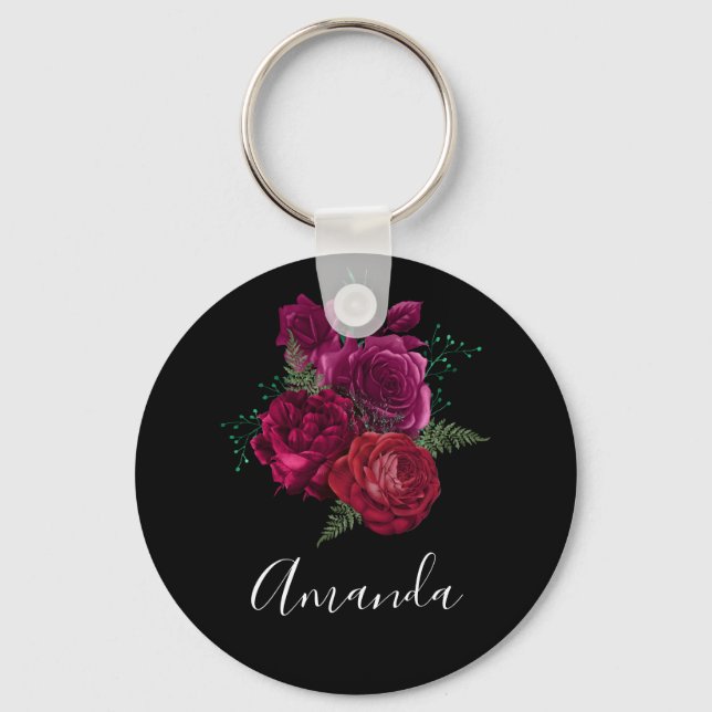 Elegant Magenta Rose Floral Bouquet Keychain (Front)