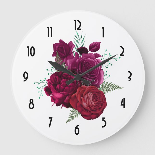 Elegant Magenta Rose Floral Bouquet Large Clock (Front)