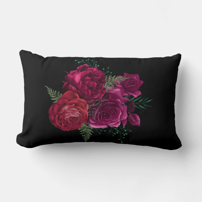 Elegant Magenta Rose Floral Bouquet Lumbar Pillow (Front)
