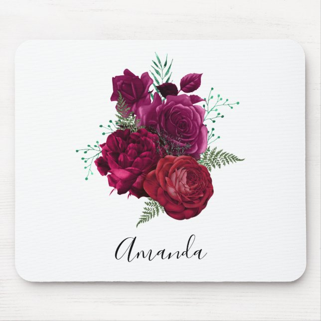 Elegant Magenta Rose Floral Bouquet Mouse Pad (Front)