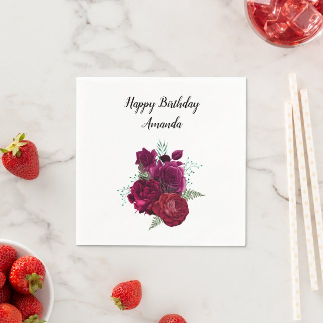 Elegant Magenta Rose Floral Bouquet Napkins (Insitu)