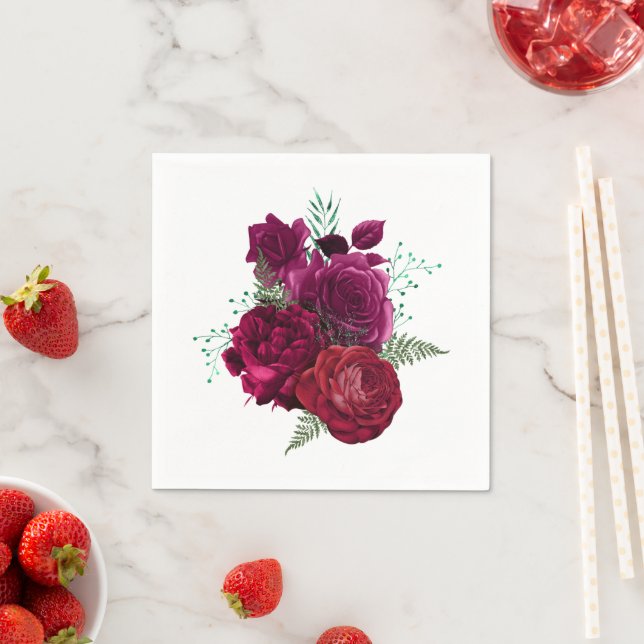 Elegant Magenta Rose Floral Bouquet Napkins (Insitu)