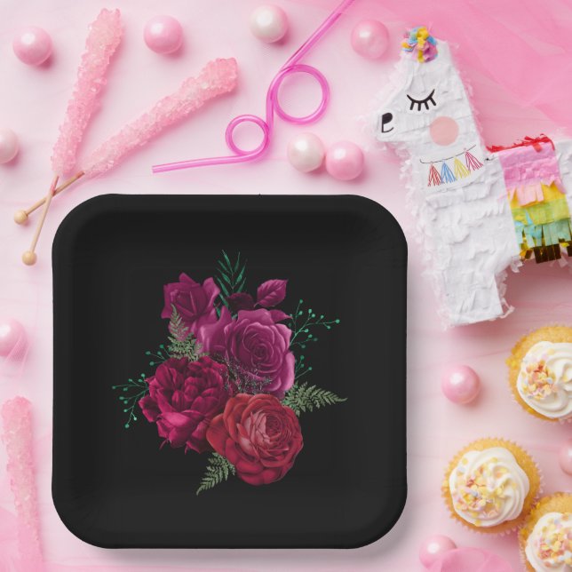Elegant Magenta Rose Floral Bouquet Paper Plates (Party)