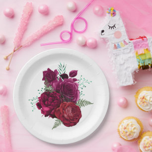 Elegant Magenta Rose Floral Bouquet Paper Plates