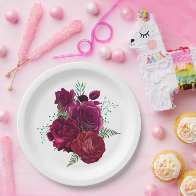 Elegant Magenta Rose Floral Bouquet Paper Plates (Party)