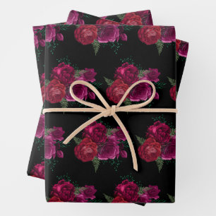 Elegant Magenta Rose Floral Bouquet Pattern Wrapping Paper Sheets