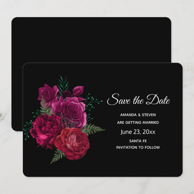 Elegant Magenta Rose Floral Bouquet Save The Date (Front/Back)