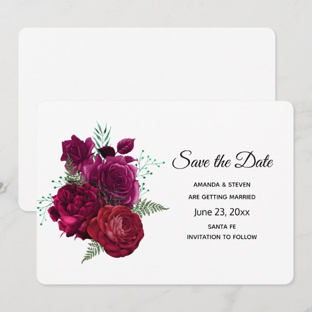 Elegant Magenta Rose Floral Bouquet Save The Date (Front/Back)