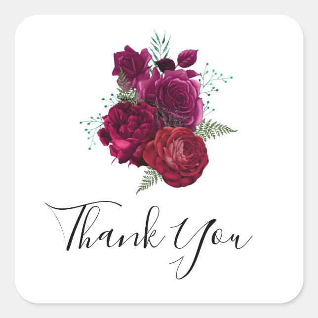 Elegant Magenta Rose Floral Bouquet Square Sticker (Front)