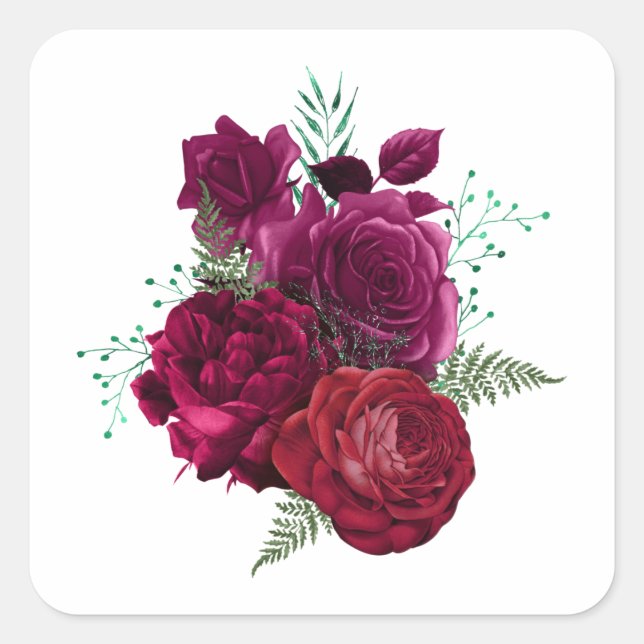 Elegant Magenta Rose Floral Bouquet Square Sticker (Front)
