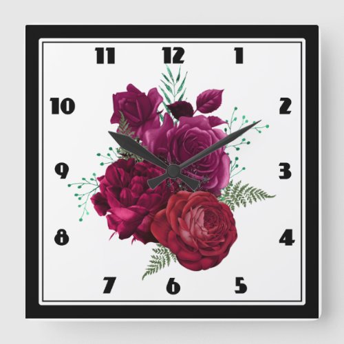 Elegant Magenta Rose Floral Bouquet Square Wall Clock