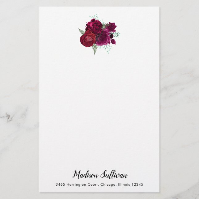 Elegant Magenta Rose Floral Bouquet Stationery (Front)
