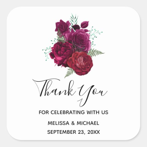 Elegant Magenta Rose Floral Bouquet Thank You Square Sticker