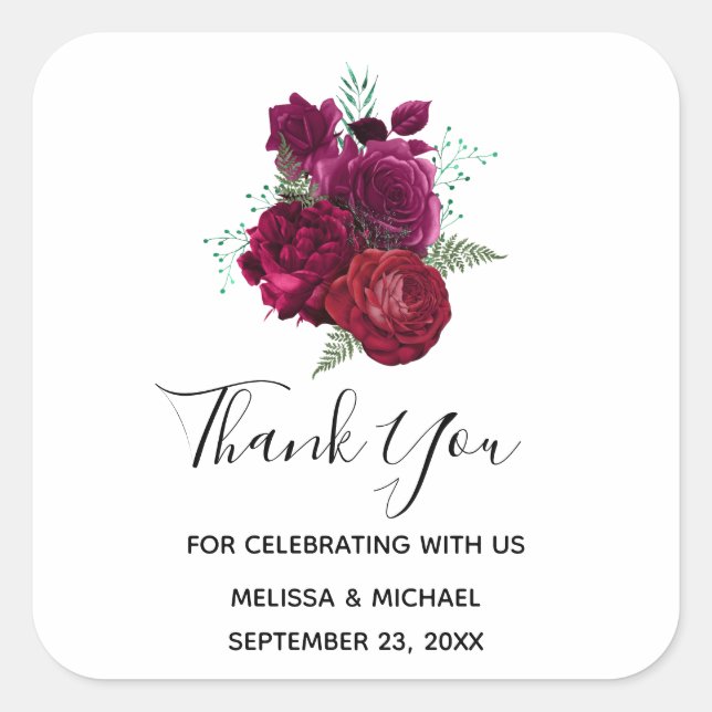 Elegant Magenta Rose Floral Bouquet Thank You Square Sticker (Front)